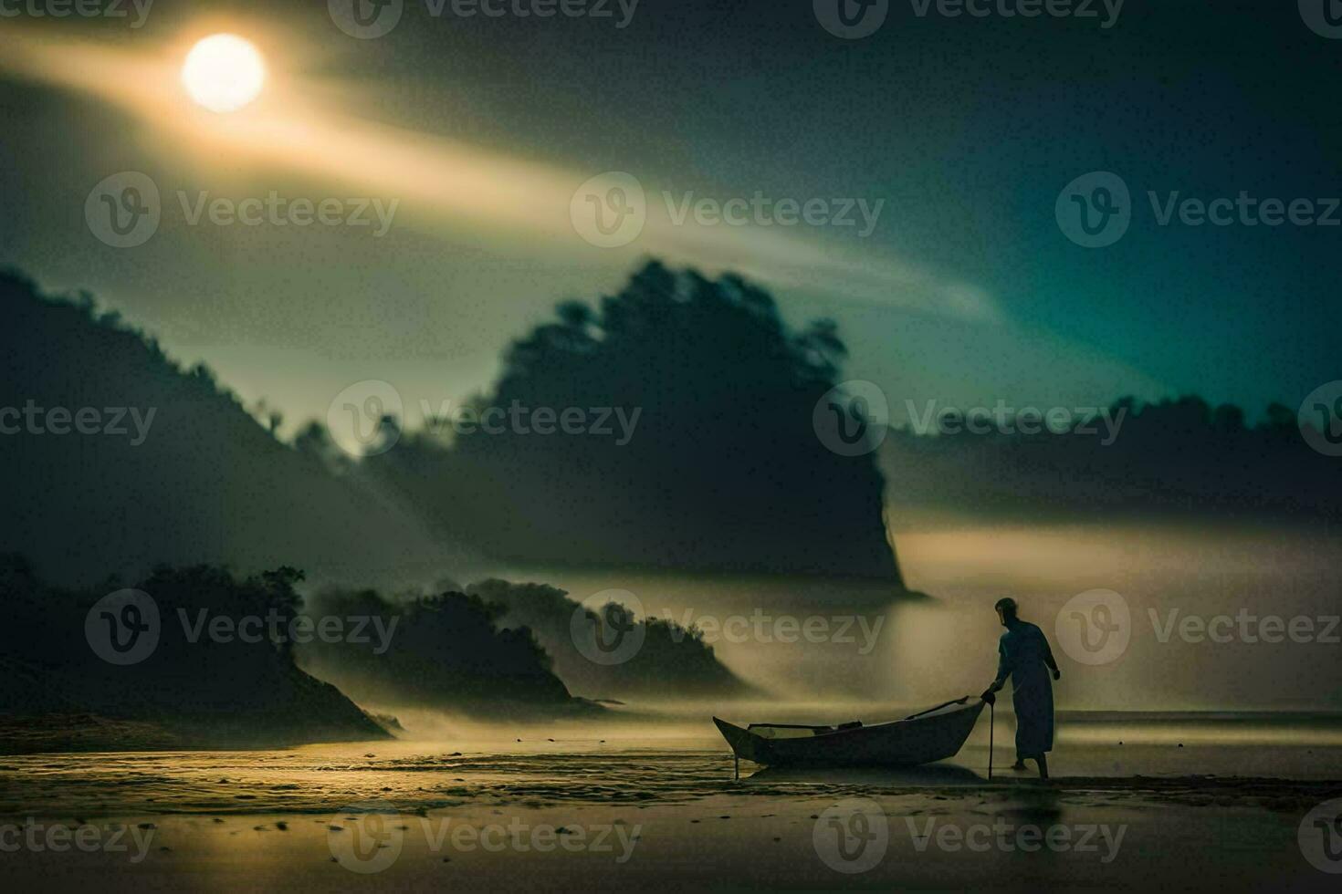 une homme des stands sur le plage avec une bateau à nuit. généré par ai photo