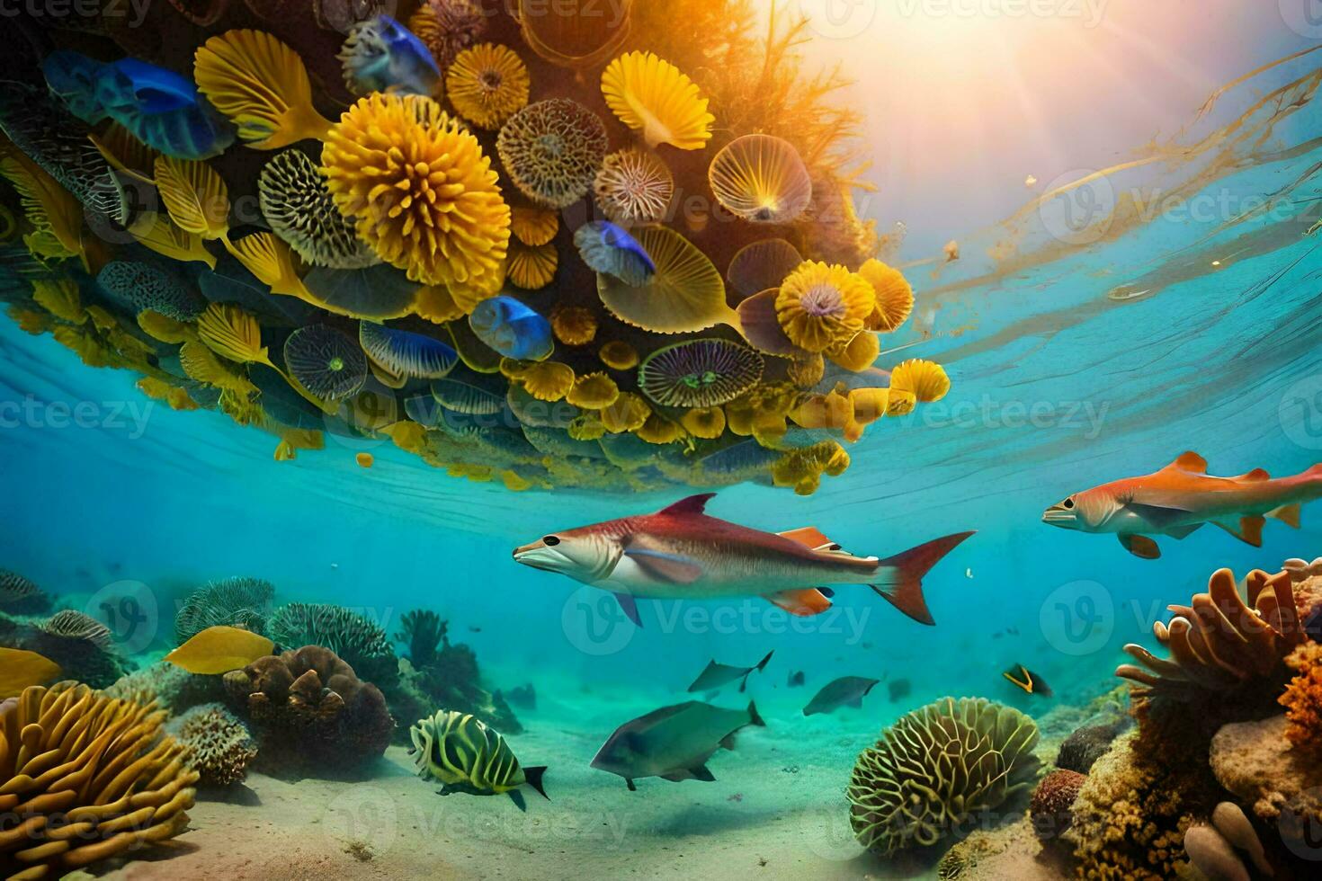 sous-marin scène avec poisson et coraux. généré par ai photo