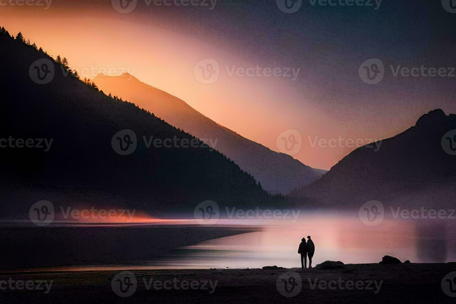 une homme des stands sur le rive de une Lac à le coucher du soleil. généré par ai photo