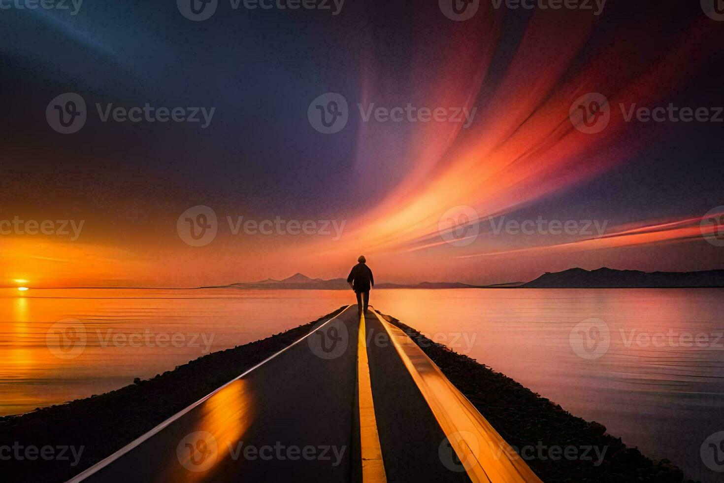 une homme des stands sur une longue route à le coucher du soleil. généré par ai photo