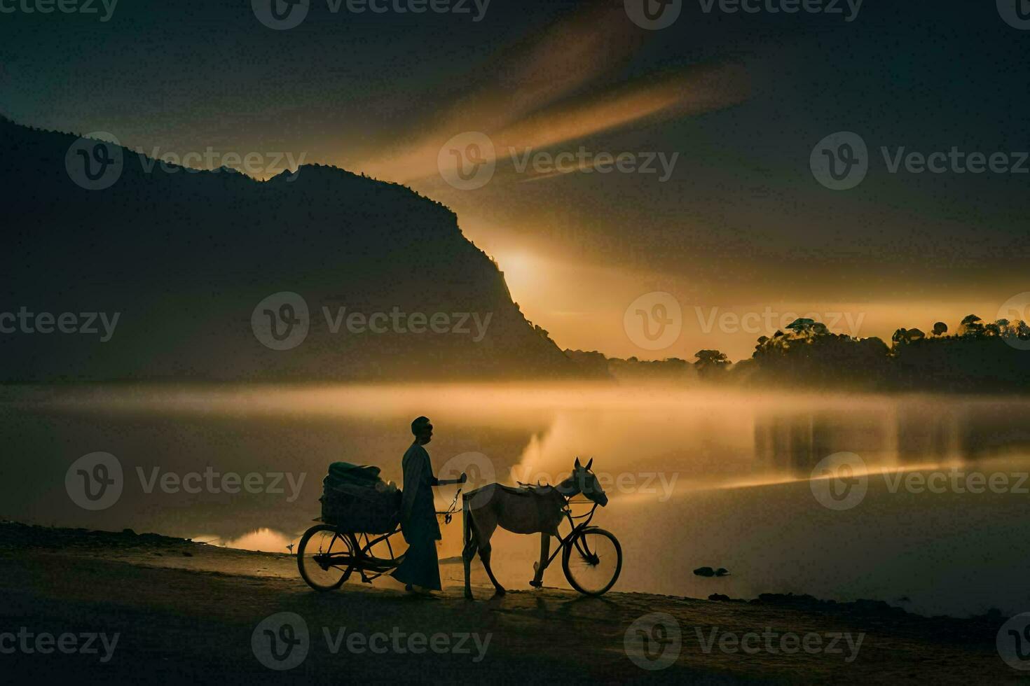 une homme avec une cheval et Chariot par le l'eau à lever du soleil. généré par ai photo