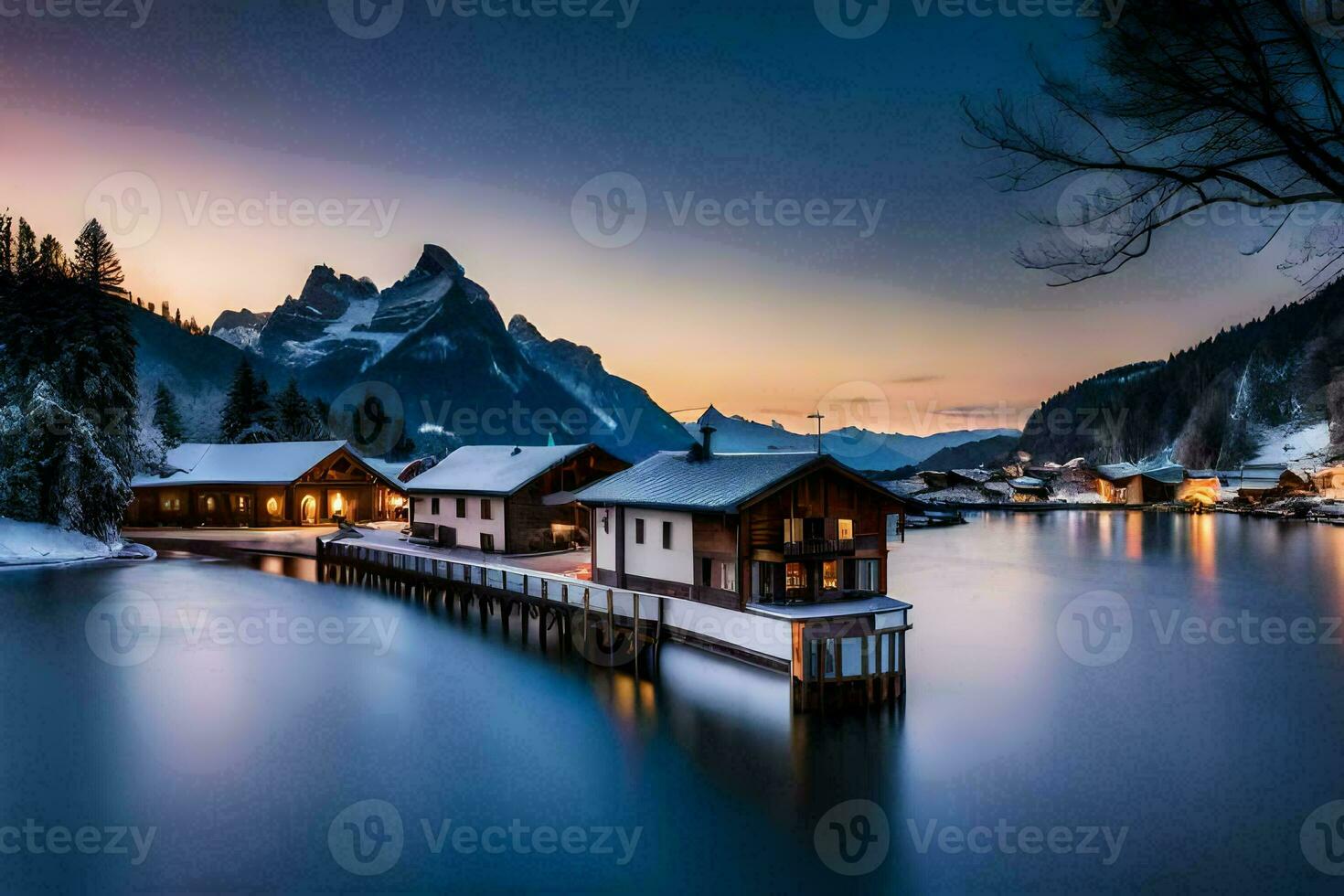 une Lac et une Montagne village à le coucher du soleil. généré par ai photo