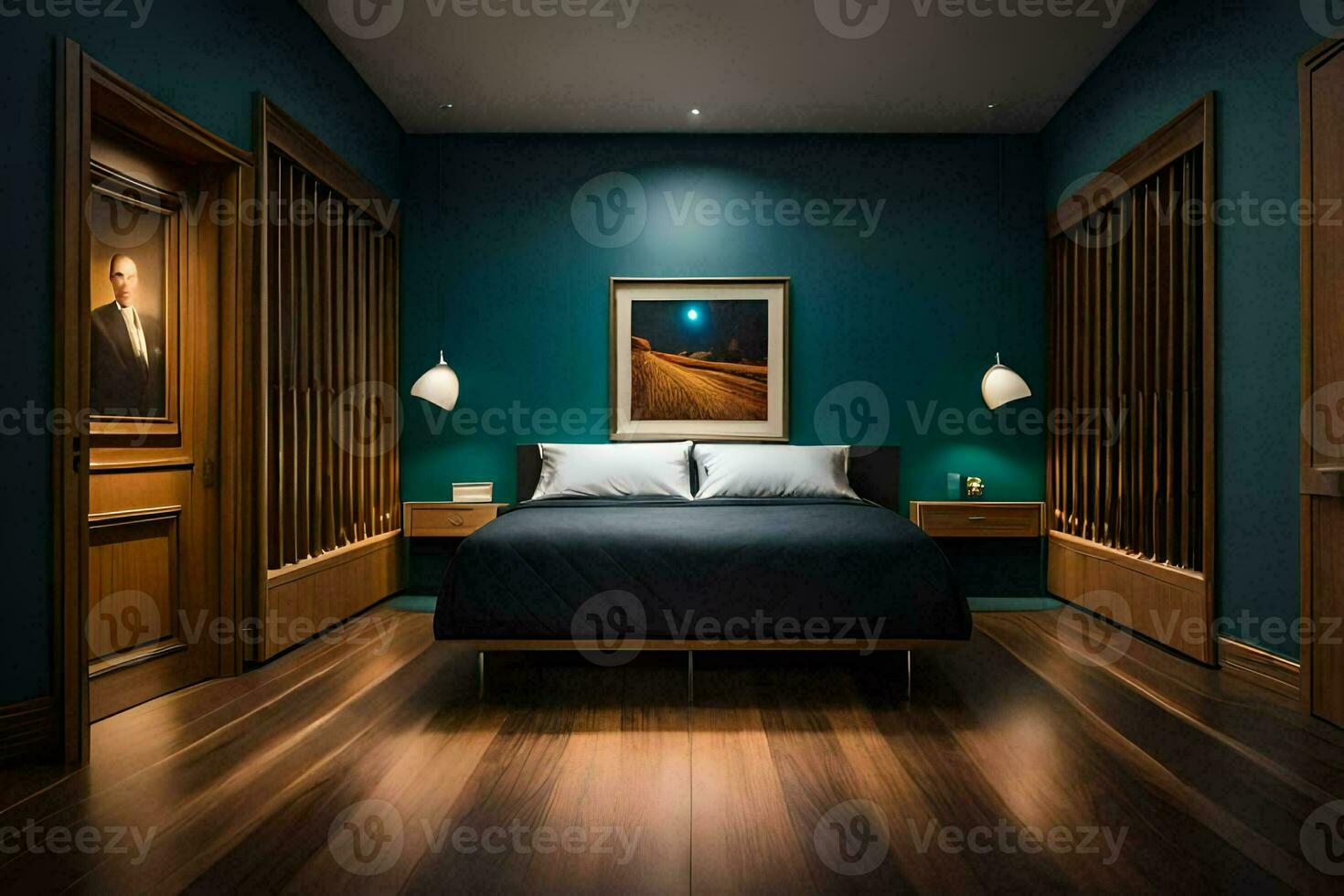une chambre avec une lit et en bois étages. généré par ai photo