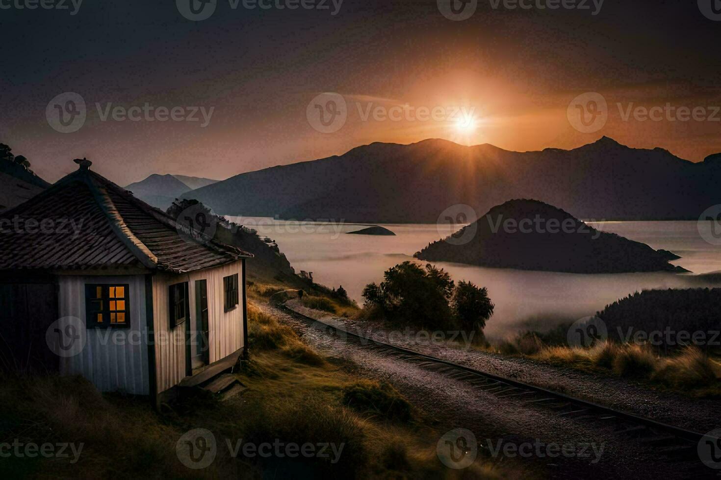 une petit cabine est assis sur le côté de une Montagne surplombant le Soleil. généré par ai photo