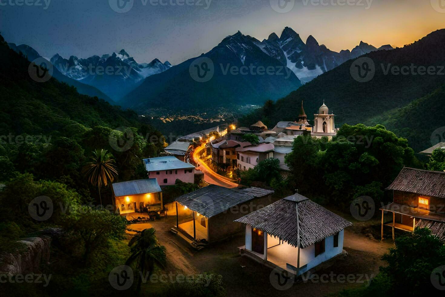 photo fond d'écran le ciel, montagnes, village, coucher de soleil, le ville, le montagnes, le village. généré par ai