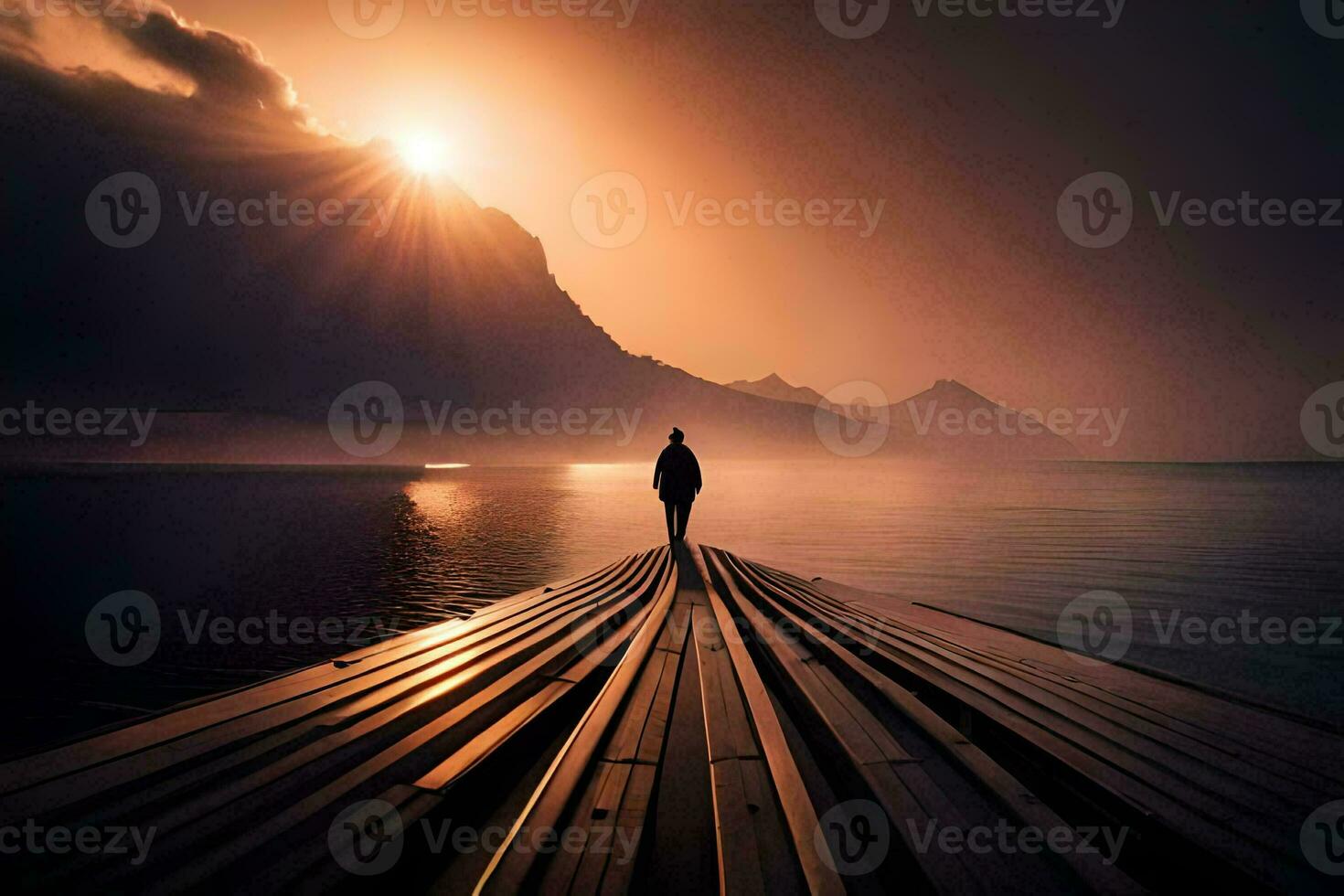 une homme des stands sur une Dock à la recherche à le Soleil. généré par ai photo