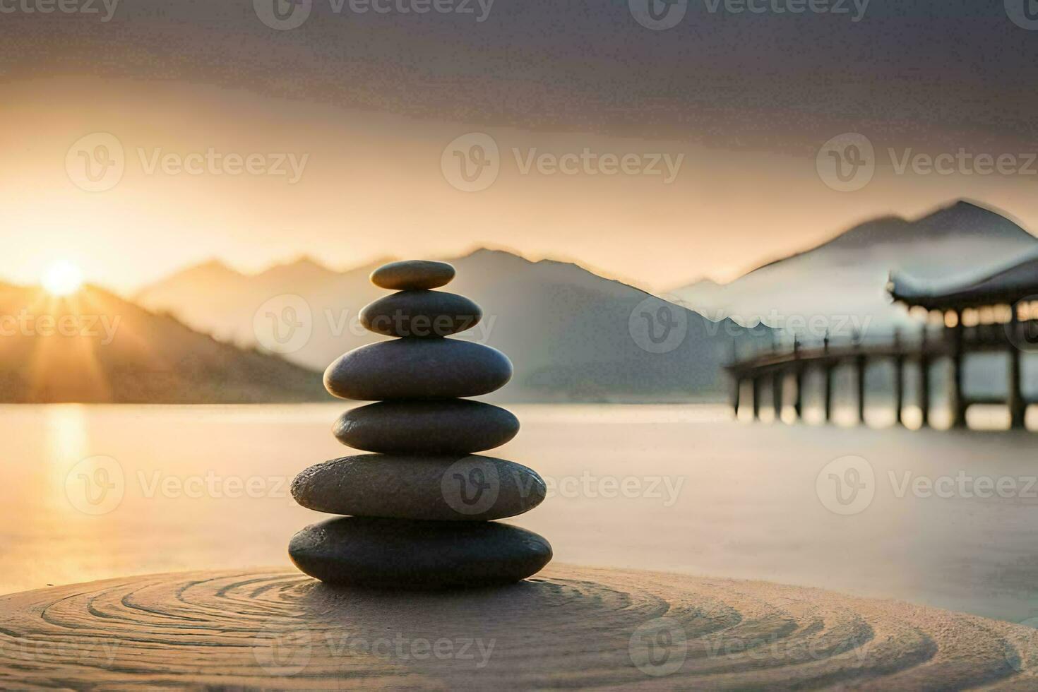 une empiler de des pierres est assis sur le le sable à le coucher du soleil. généré par ai photo