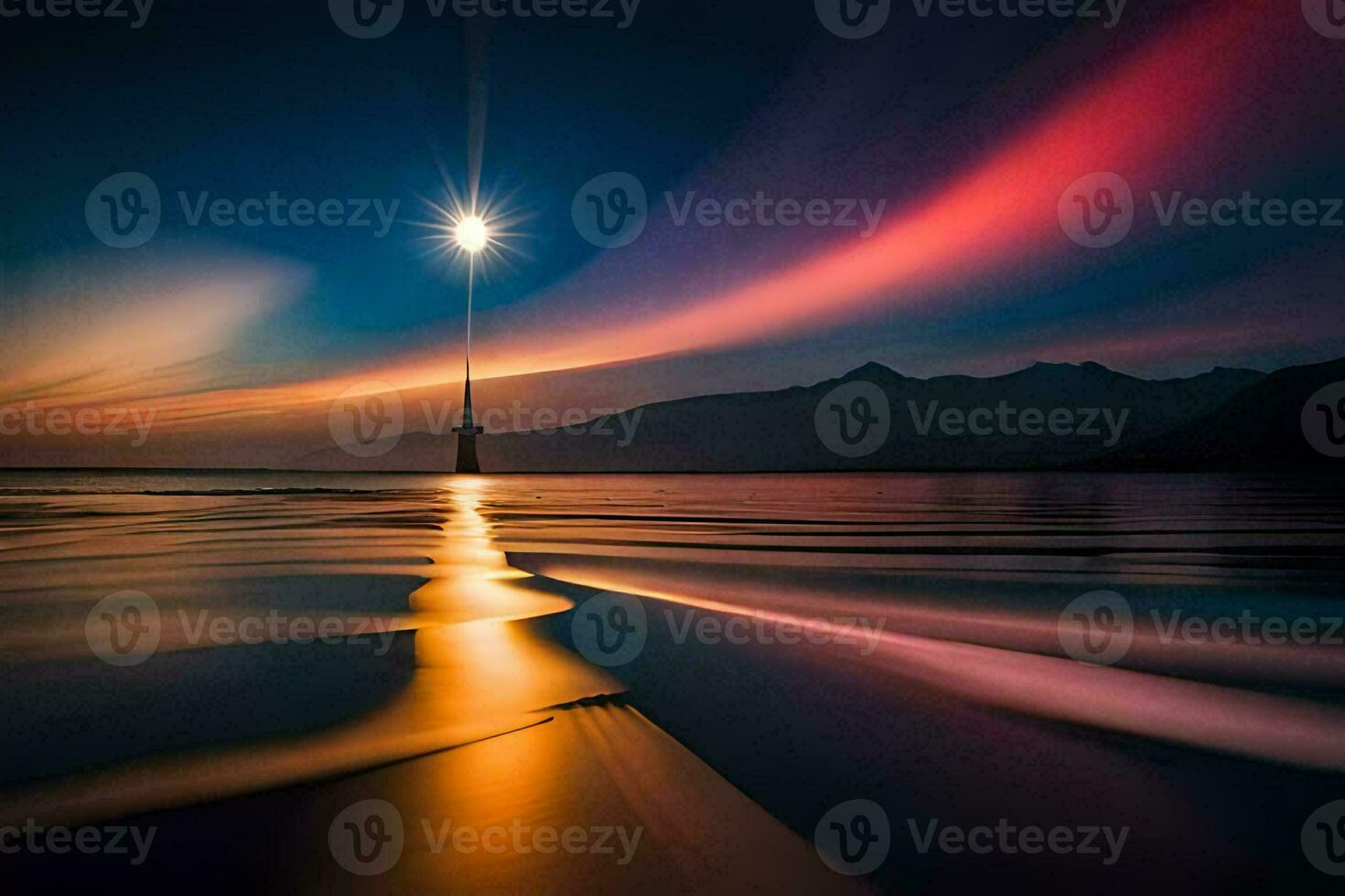 le Soleil est brillant plus de le l'eau et montagnes. généré par ai photo