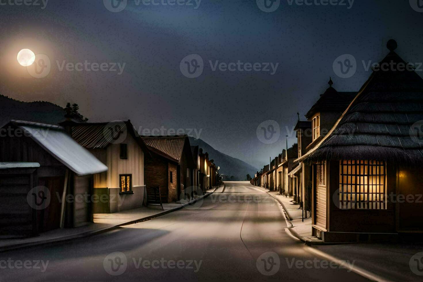 une rue avec Maisons et une plein lune. généré par ai photo