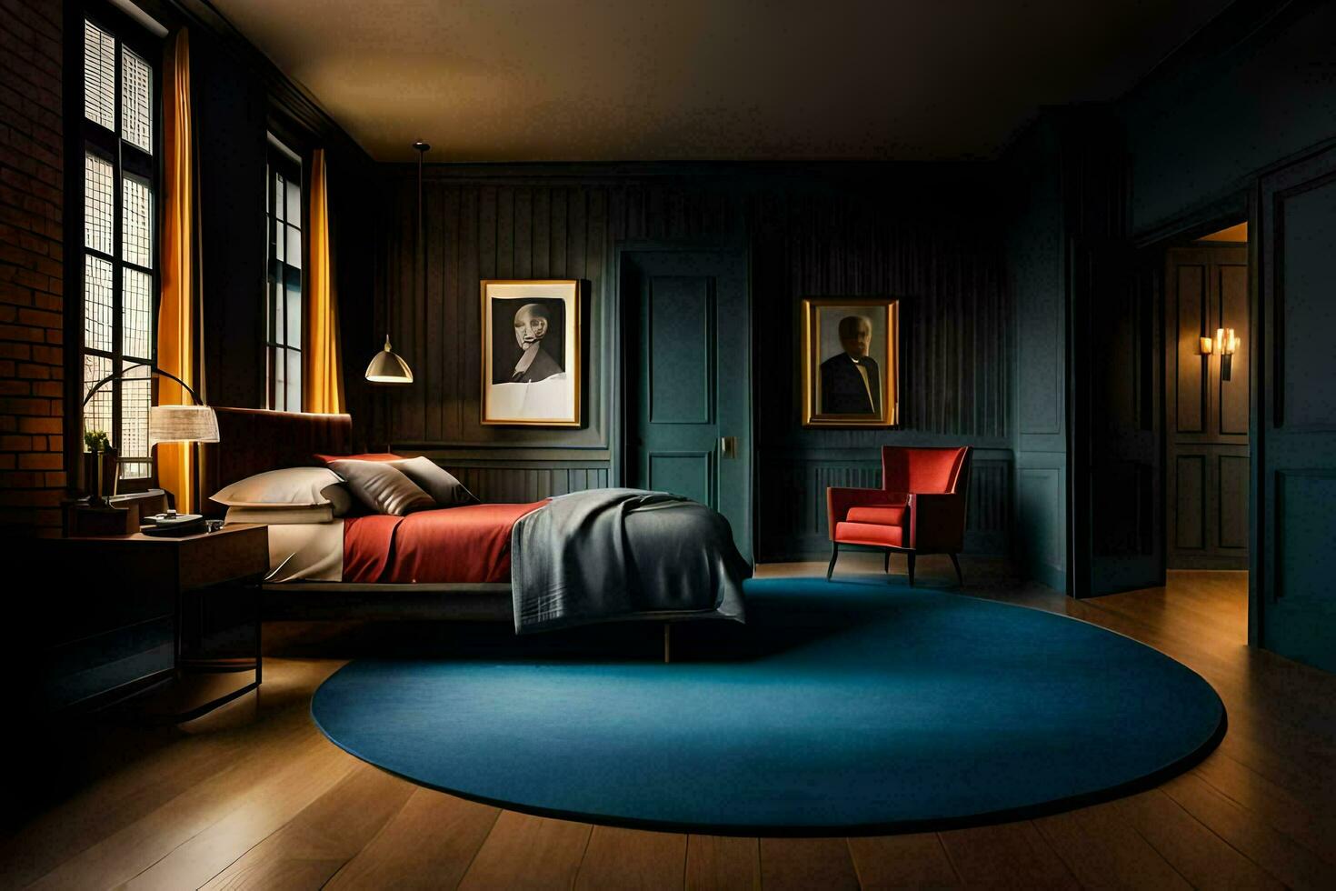 une chambre avec foncé bois des murs et une bleu tapis. généré par ai photo