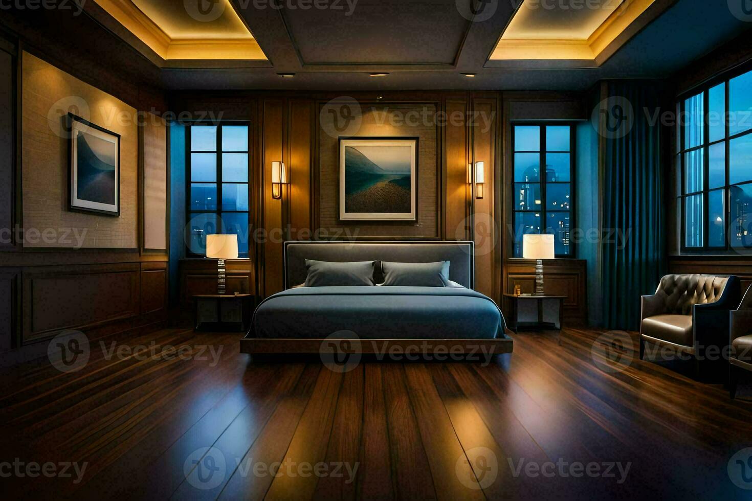 une chambre avec en bois planchers et une lit. généré par ai photo