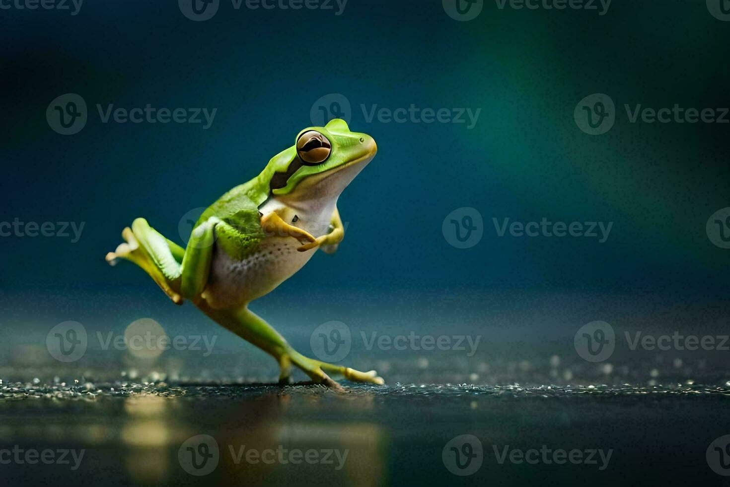 une grenouille est sauter sur ses de derrière jambes. généré par ai photo