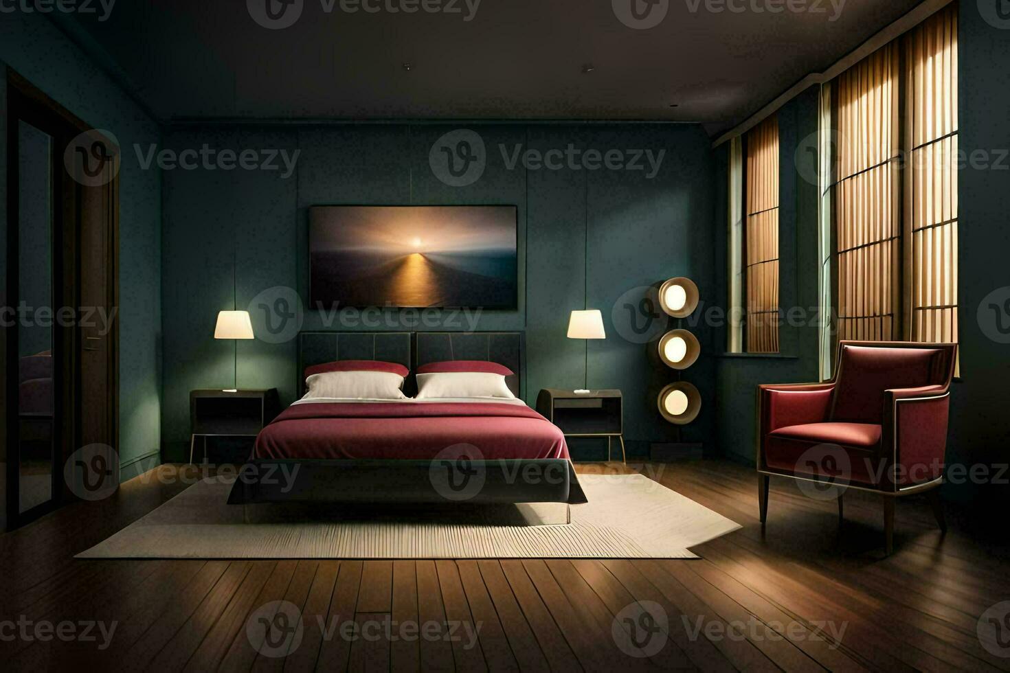 une chambre avec une rouge lit et en bois sol. généré par ai photo