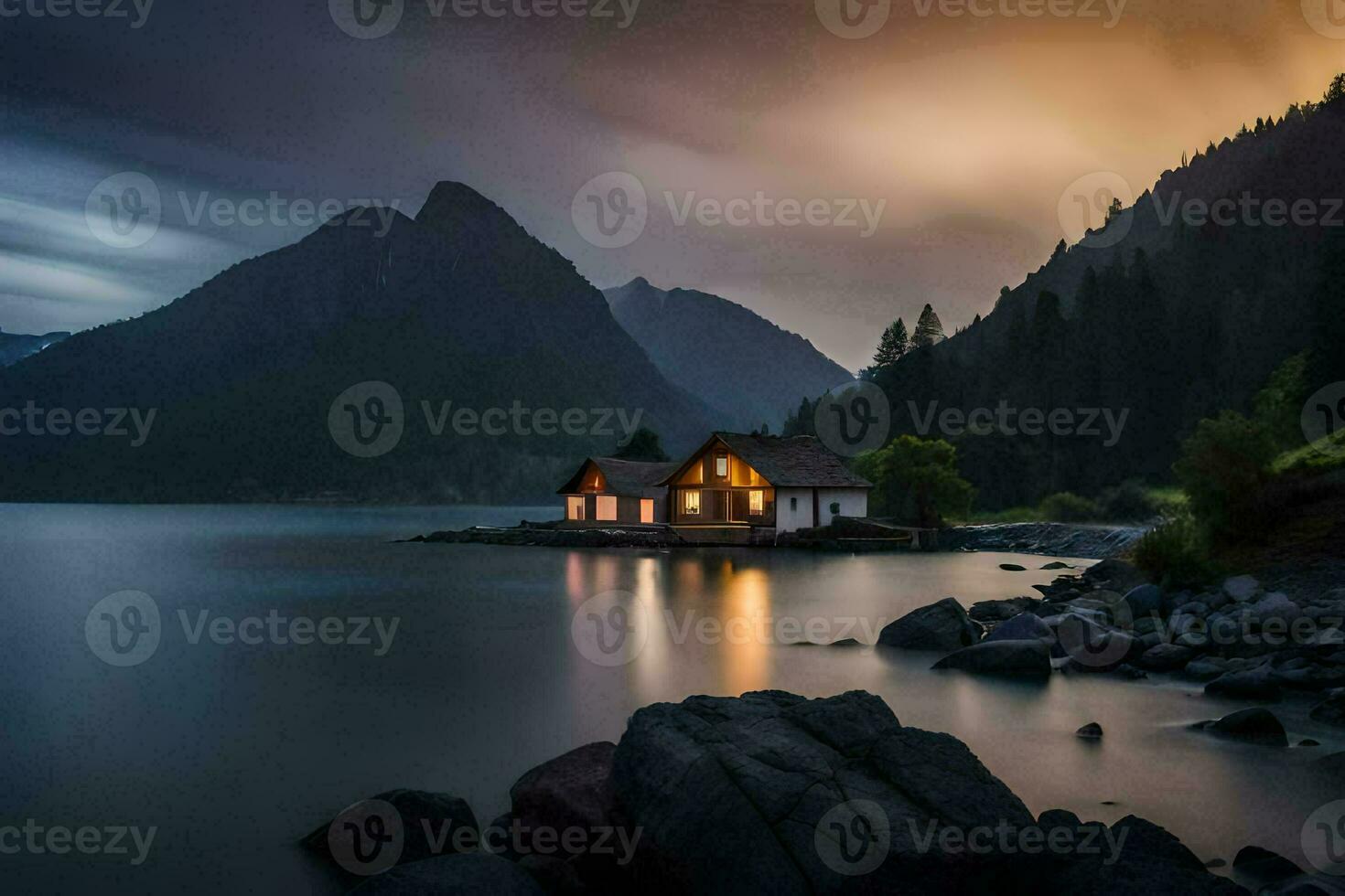 une petit maison est assis sur le rive de une Lac à nuit. généré par ai photo