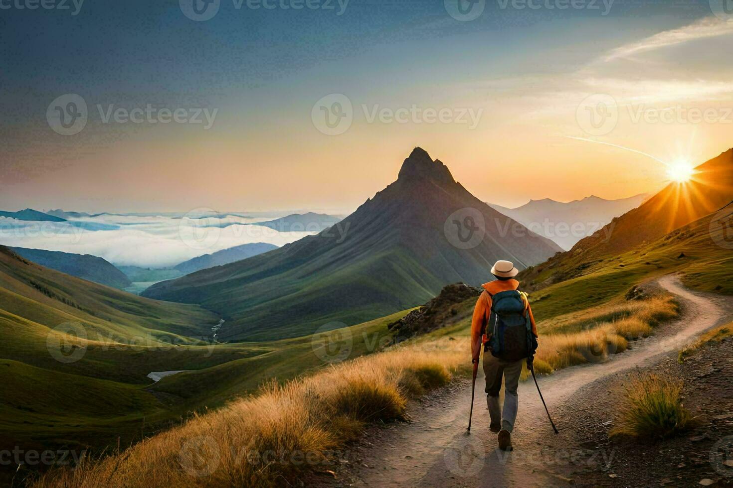 une homme des promenades sur une chemin dans le montagnes. généré par ai photo