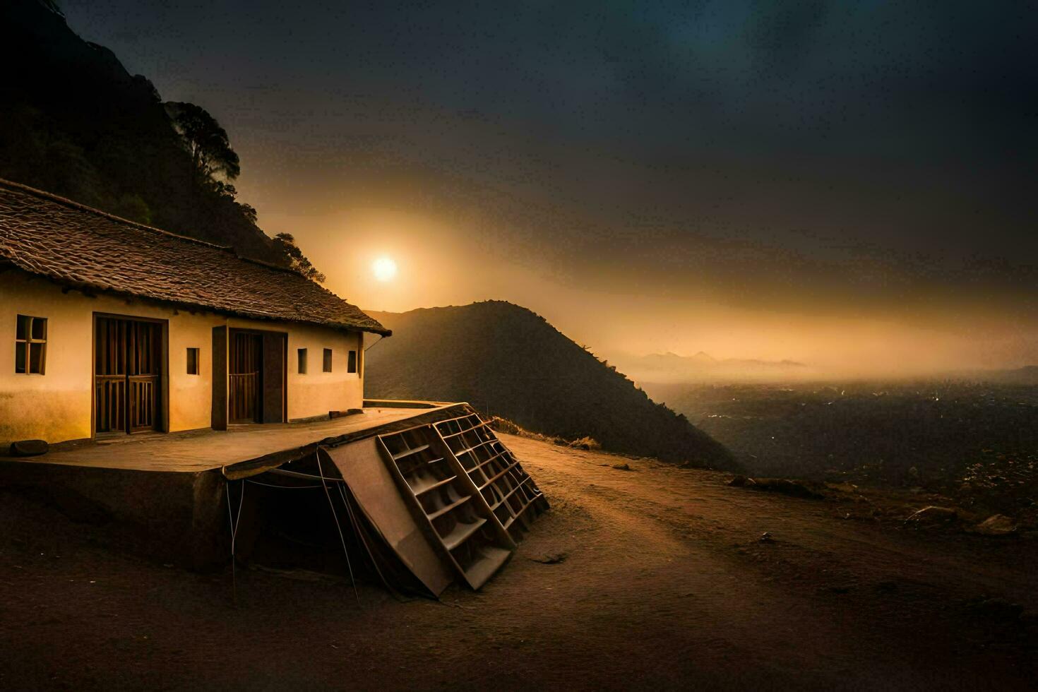 une maison est assis sur Haut de une colline avec une le coucher du soleil dans le Contexte. généré par ai photo