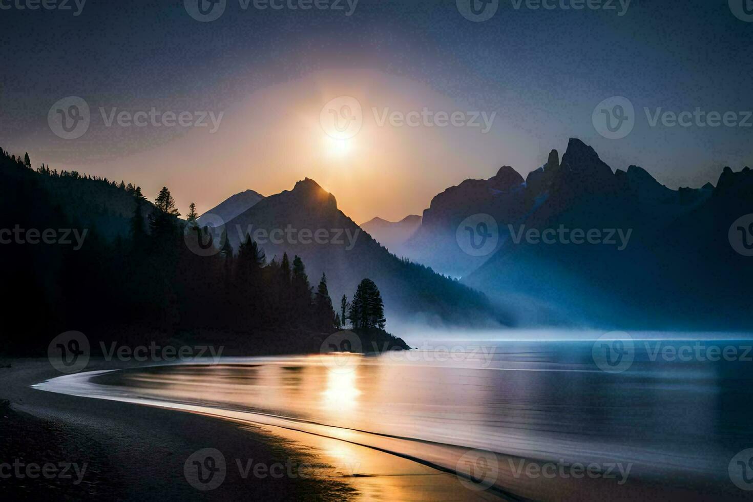 le Soleil monte plus de une Montagne intervalle et une lac. généré par ai photo