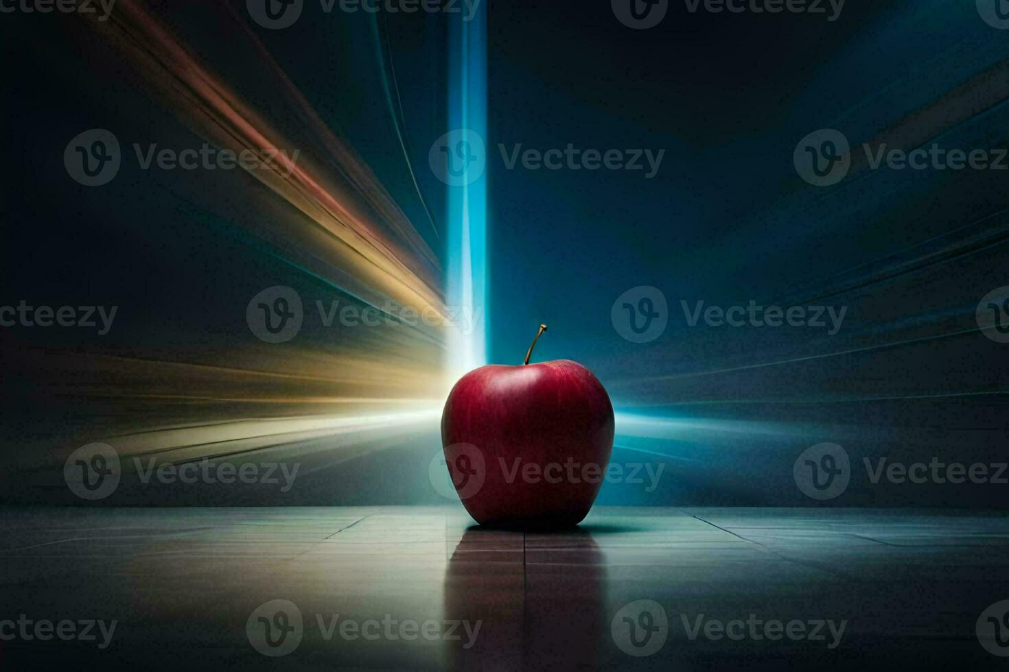 un Pomme est séance sur une table avec une lumière brillant sur il. généré par ai photo
