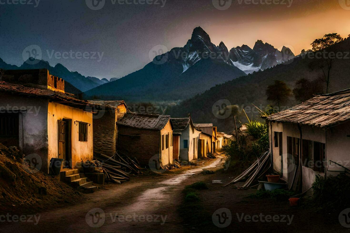 une village à le coucher du soleil avec montagnes dans le Contexte. généré par ai photo
