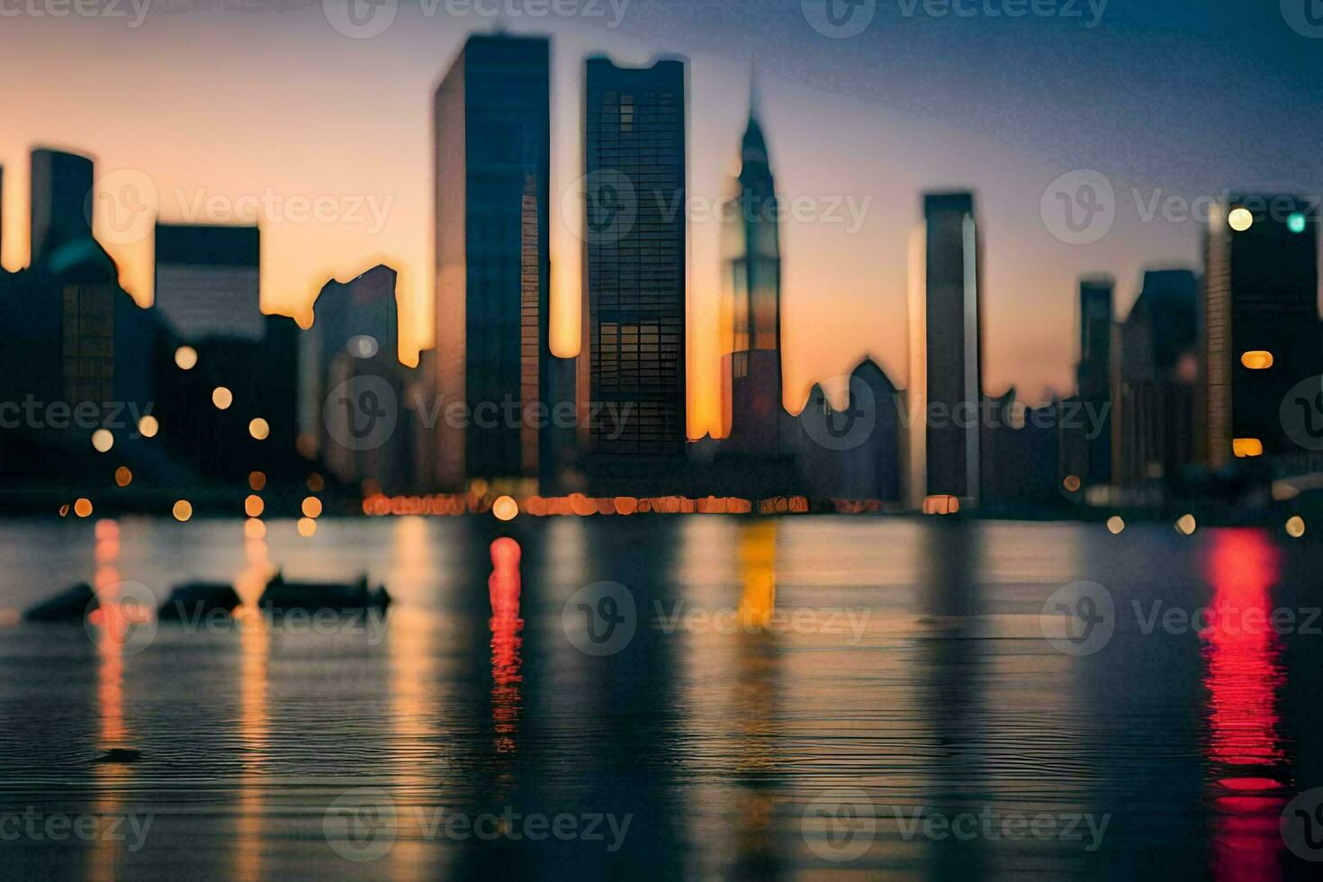 le ville horizon est réfléchi dans le l'eau à le coucher du soleil. généré par ai photo