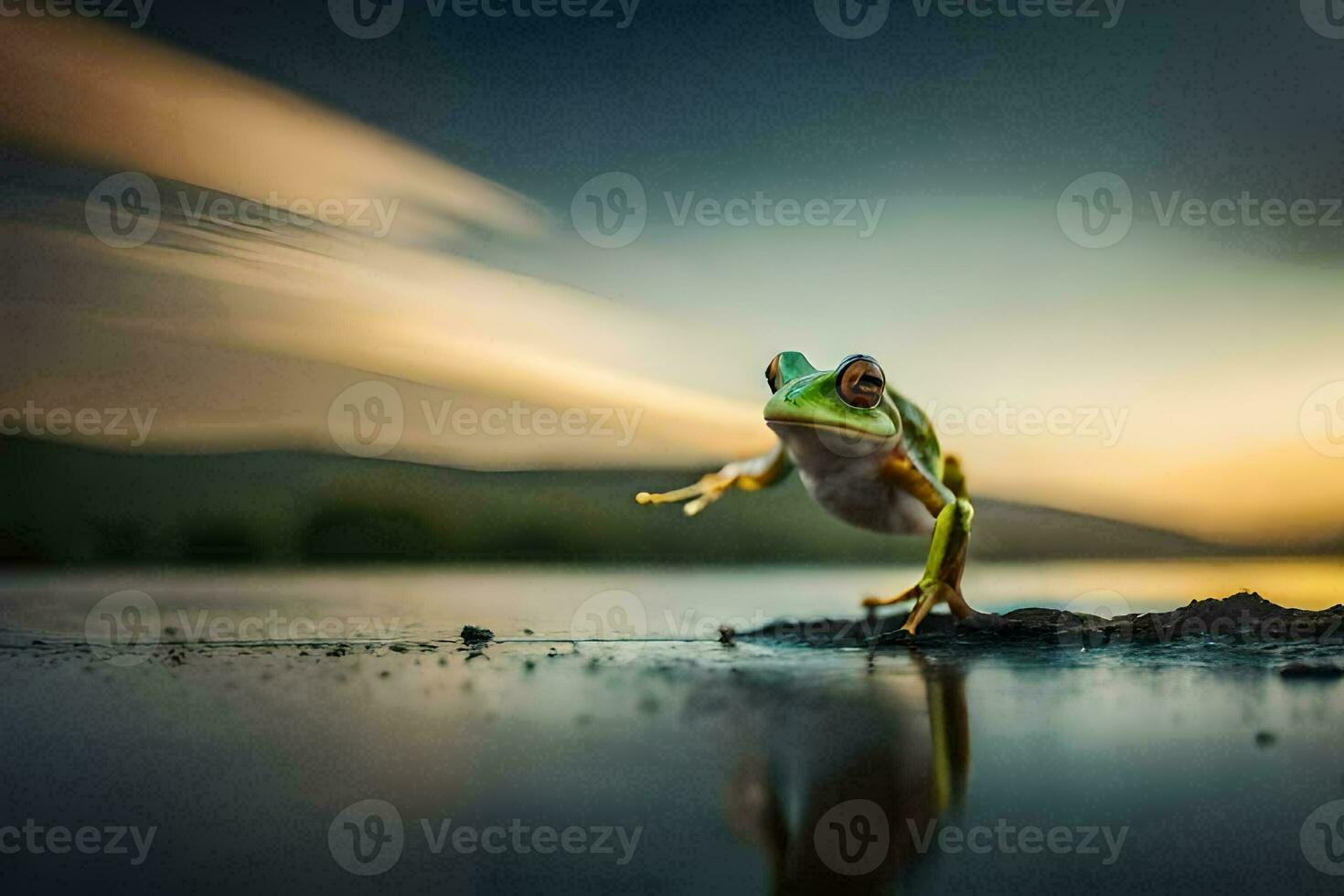 une grenouille est permanent sur le bord de une lac. généré par ai photo