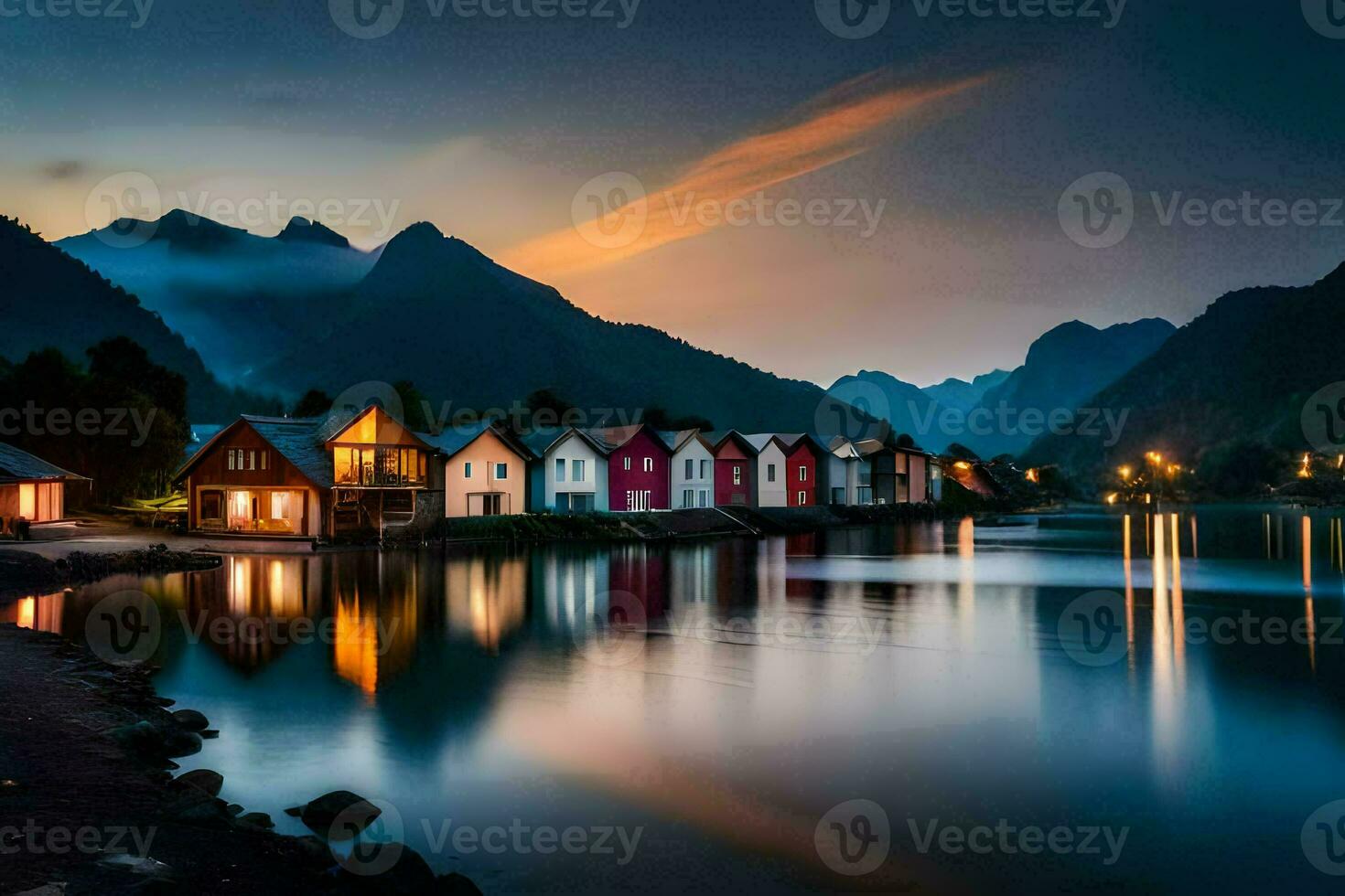 photo fond d'écran le ciel, montagnes, eau, Maisons, le mer, Norvège, le l. généré par ai