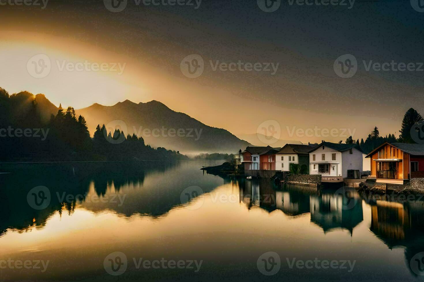 une Lac avec Maisons et montagnes dans le Contexte. généré par ai photo