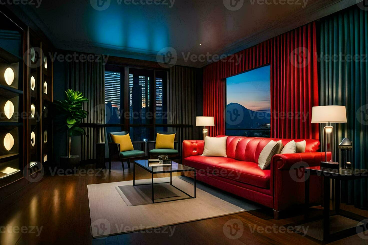 une rouge canapé et chaise dans une pièce avec une voir. généré par ai photo