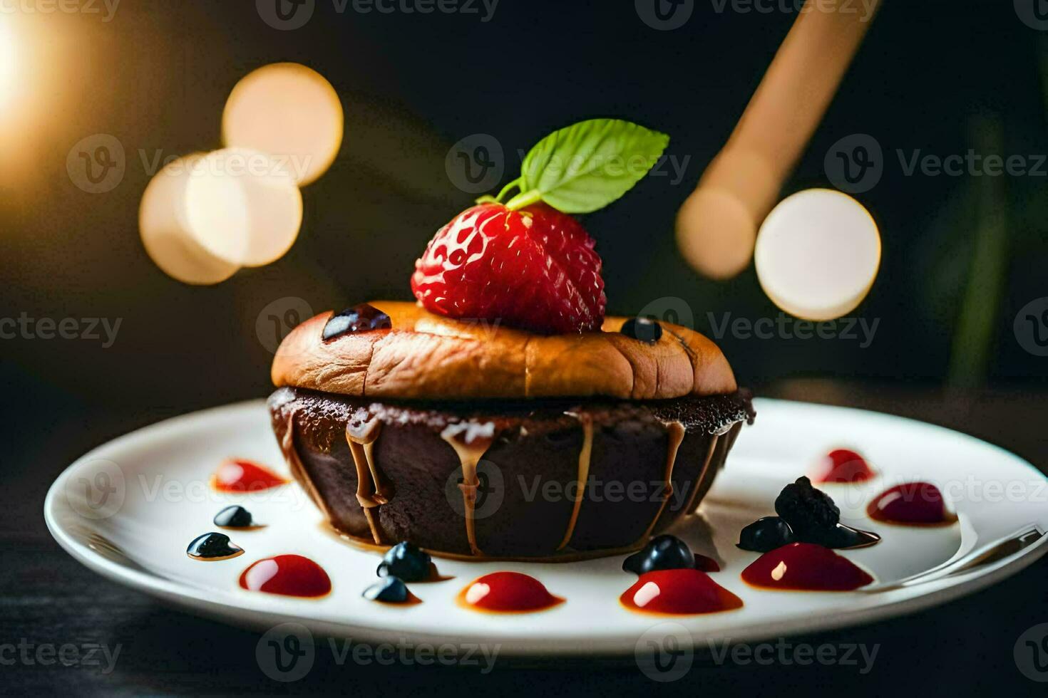 une Chocolat petit gâteau avec des fraises et sirop sur Haut. généré par ai photo