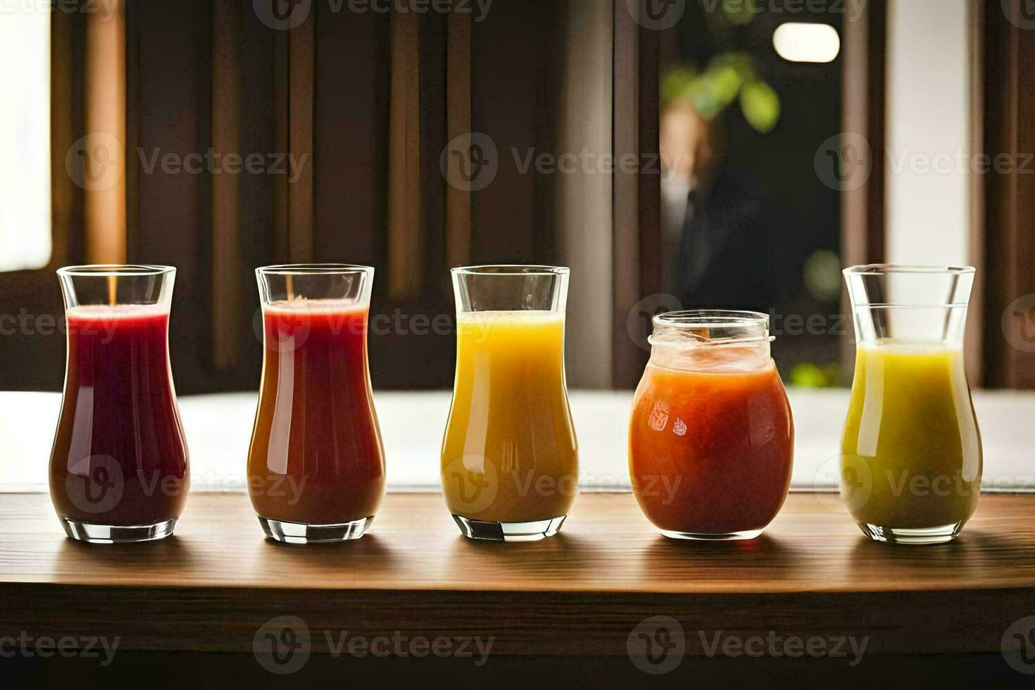 cinq différent les types de jus sont doublé en haut dans lunettes. généré par ai photo