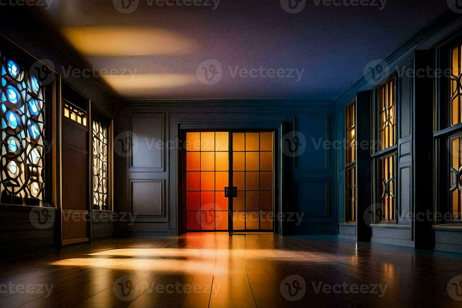 une pièce avec une porte et coloré verre les fenêtres. généré par ai photo
