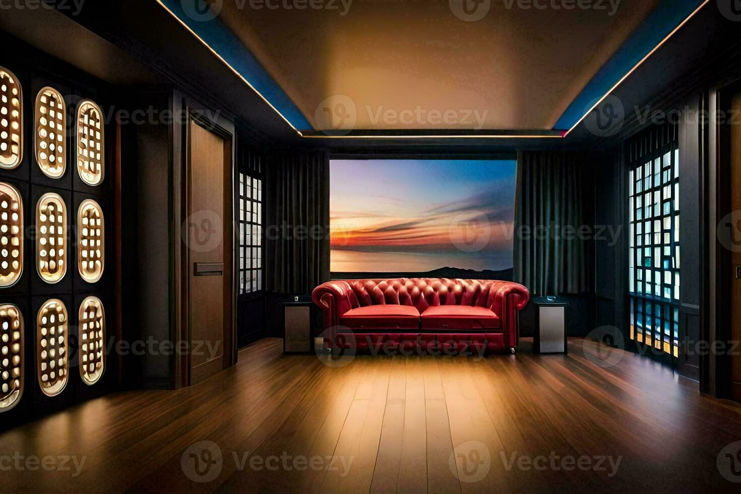 une pièce avec une rouge canapé et une vue de le océan. généré par ai photo