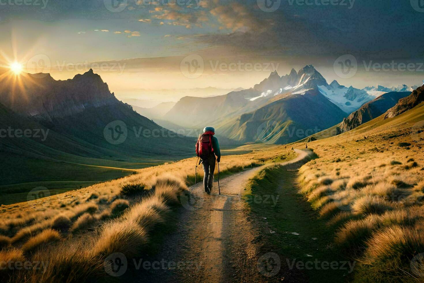 une homme des promenades sur une chemin dans le montagnes. généré par ai photo