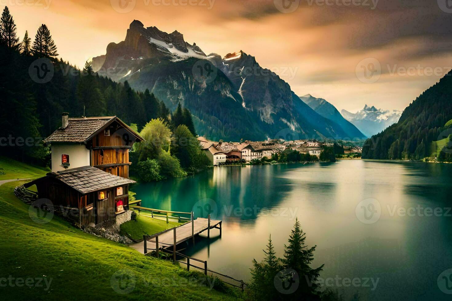 une Lac et Montagne village avec une en bois maison. généré par ai photo