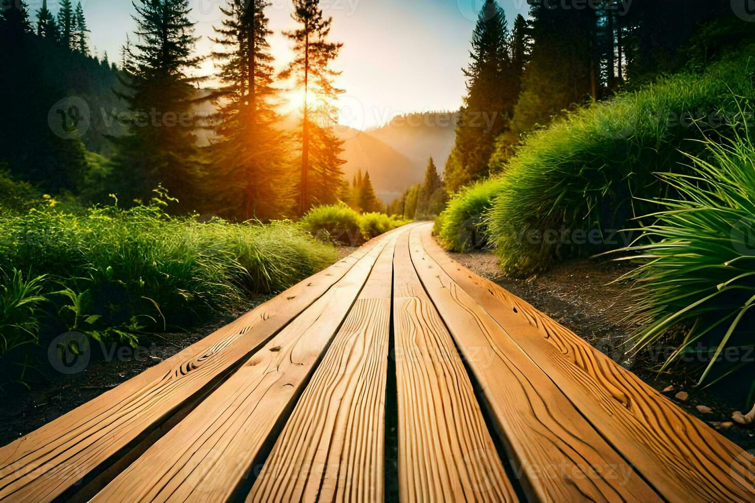 en bois chemin dans le forêt à le coucher du soleil. généré par ai photo