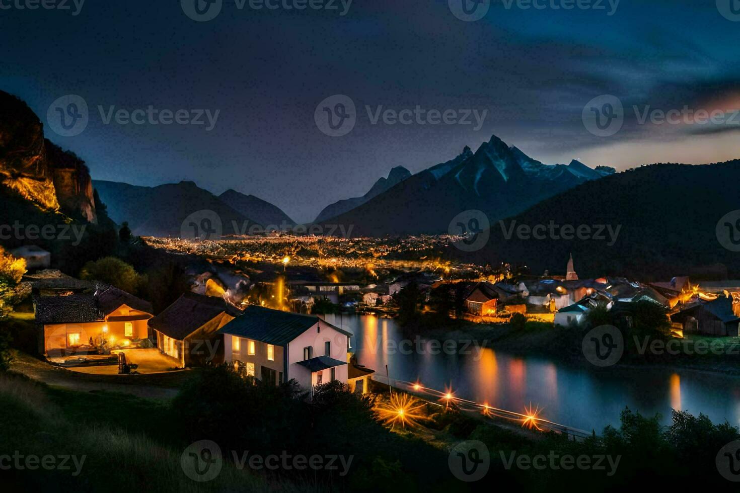 le village de une ville dans le montagnes à nuit. généré par ai photo