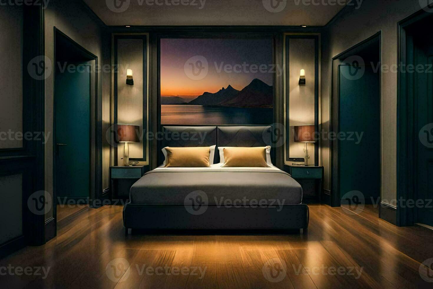 une chambre avec une grand lit et une mur mural. généré par ai photo