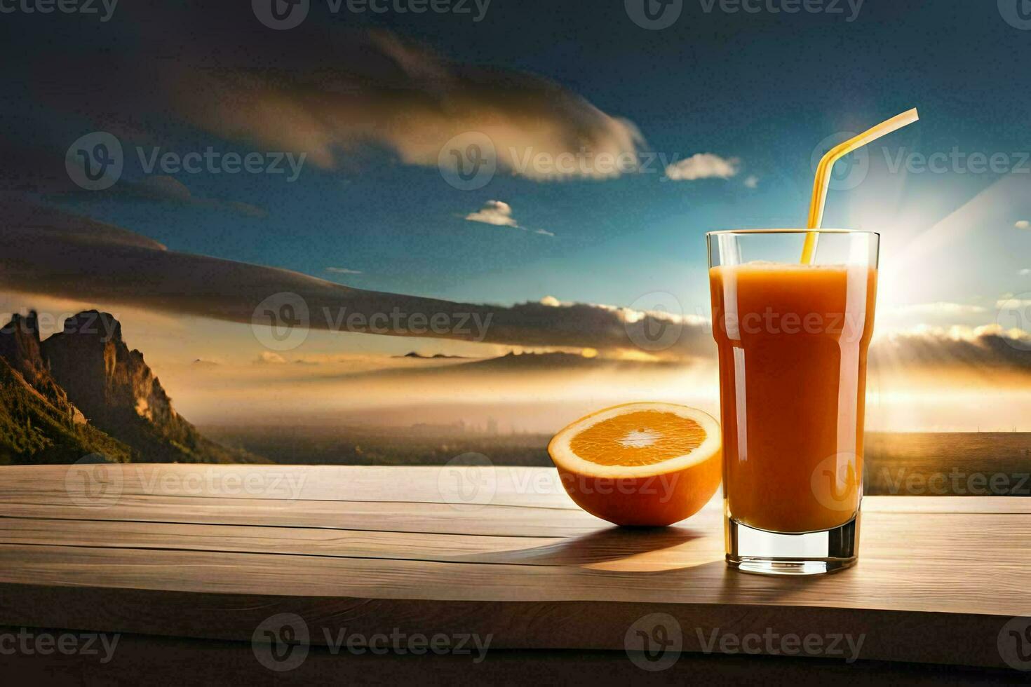 le Orange jus est sur le table avec une paille et une tranche de orange. généré par ai photo