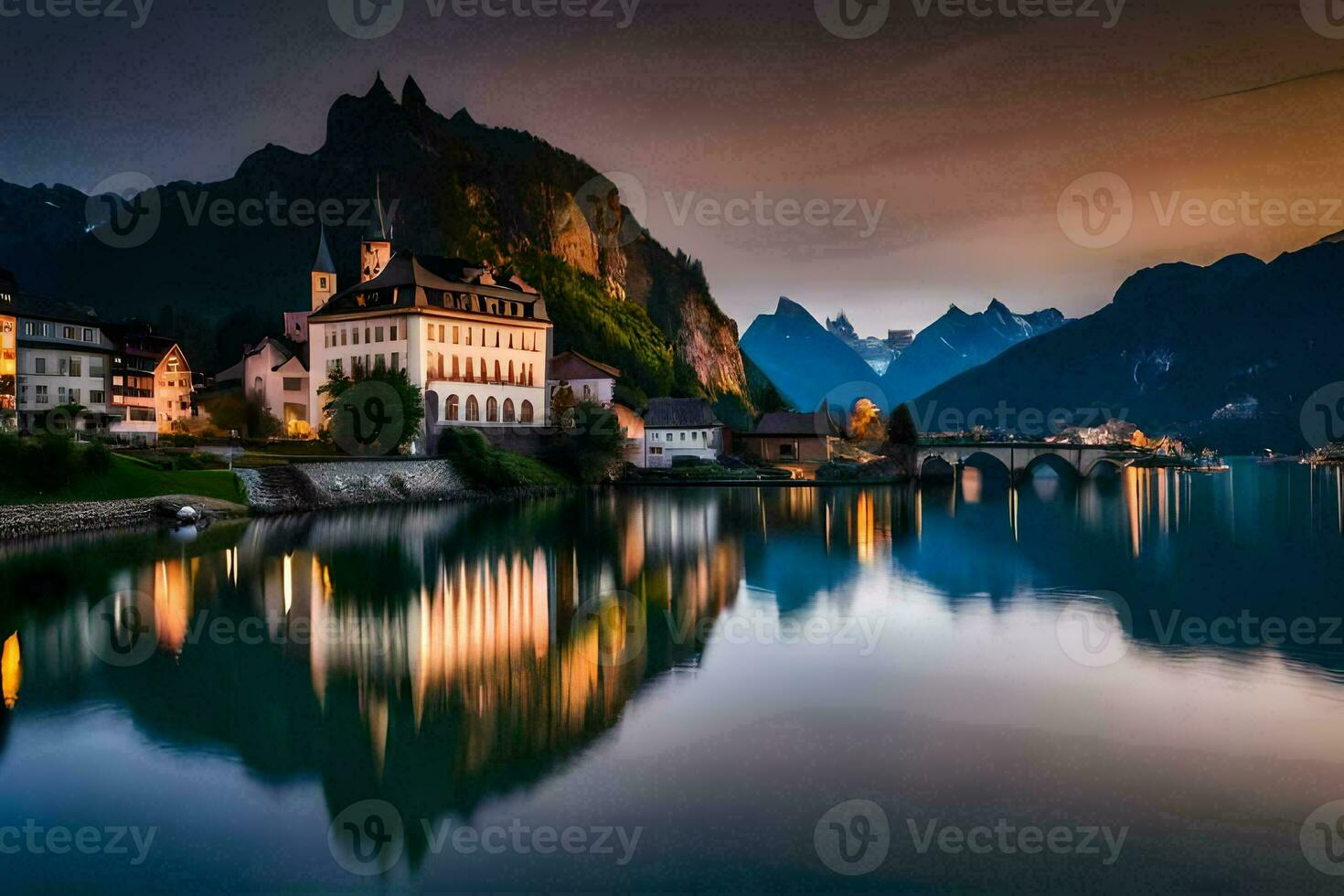 une ville est assis sur le bord de une Lac à crépuscule. généré par ai photo