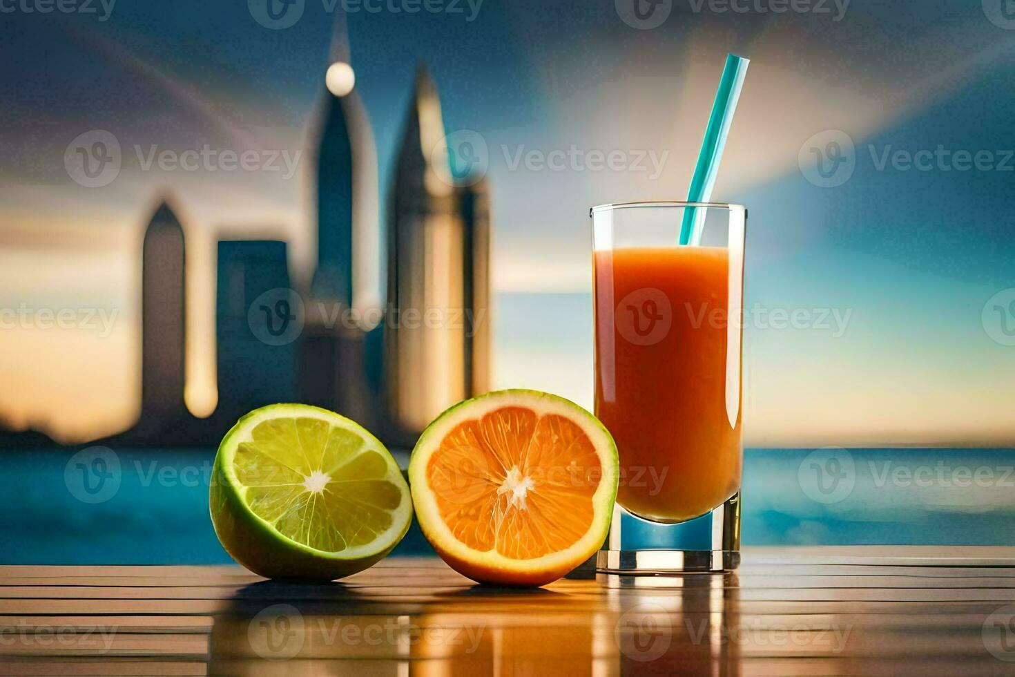 une verre de Orange jus avec une paille et une tranche de orange. généré par ai photo