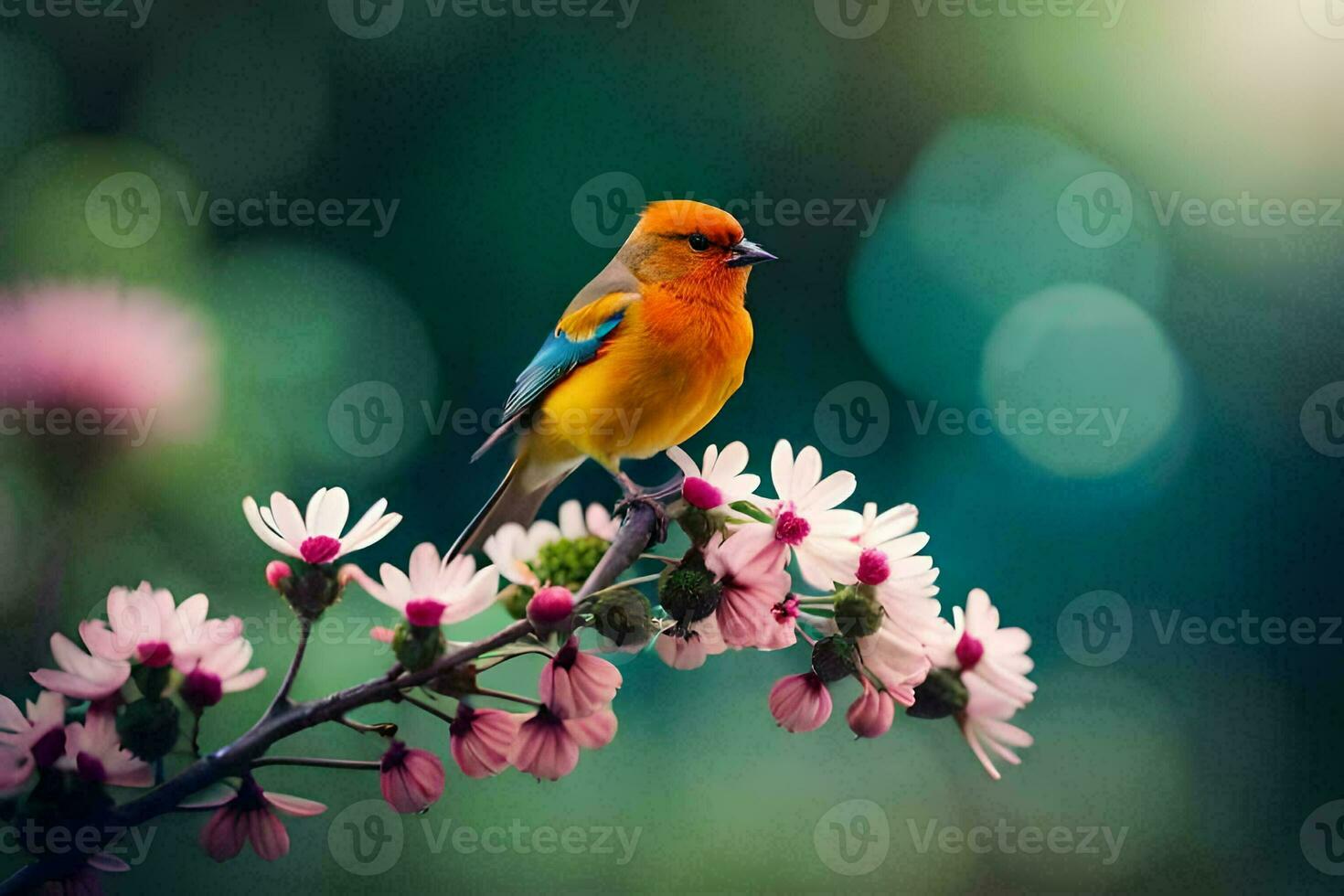 une petit Orange oiseau est perché sur une branche de rose fleurs. généré par ai photo