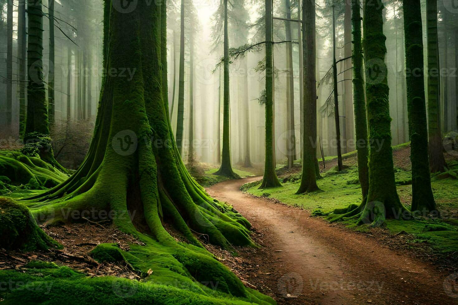 une chemin par une vert forêt avec moussu des arbres. généré par ai photo