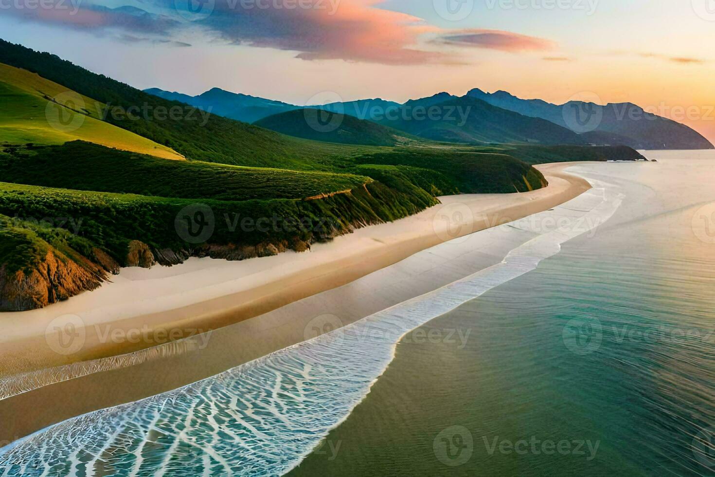 le plage et montagnes sont montré dans cette photo. généré par ai photo