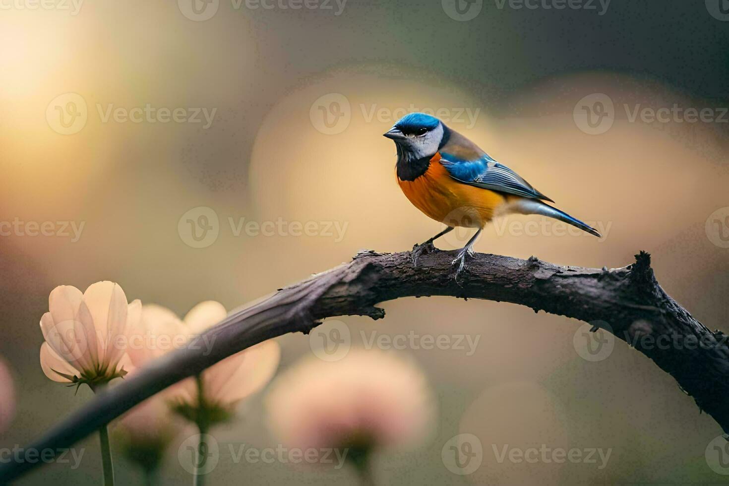 une bleu et Orange oiseau est assis sur une branche. généré par ai photo