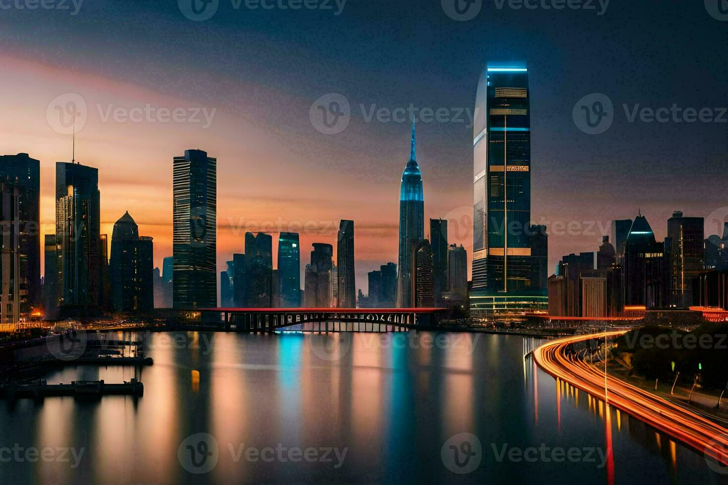 le ville horizon à nuit avec une rivière et une pont. généré par ai photo