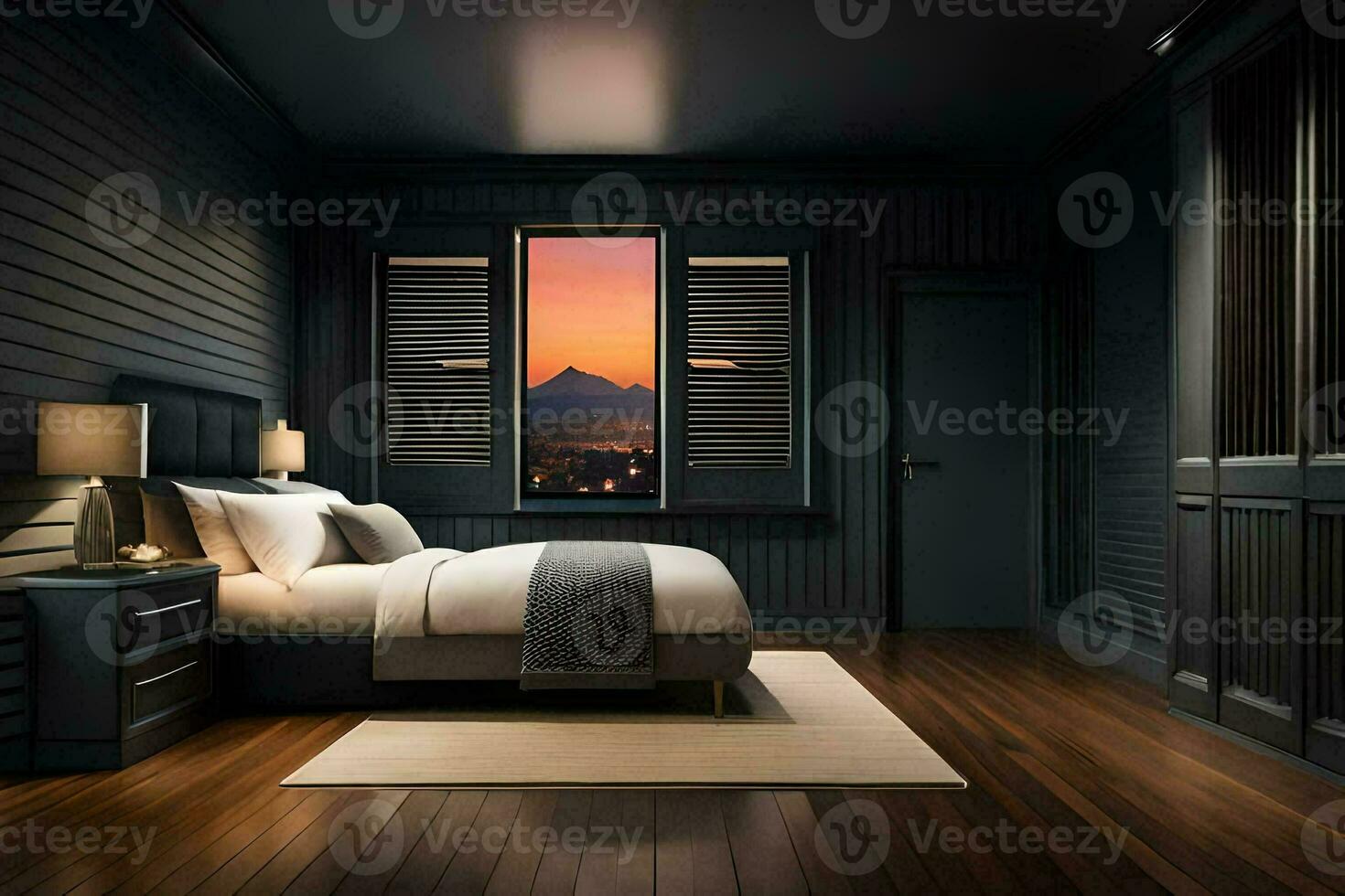 une chambre avec une vue de le montagnes à le coucher du soleil. généré par ai photo