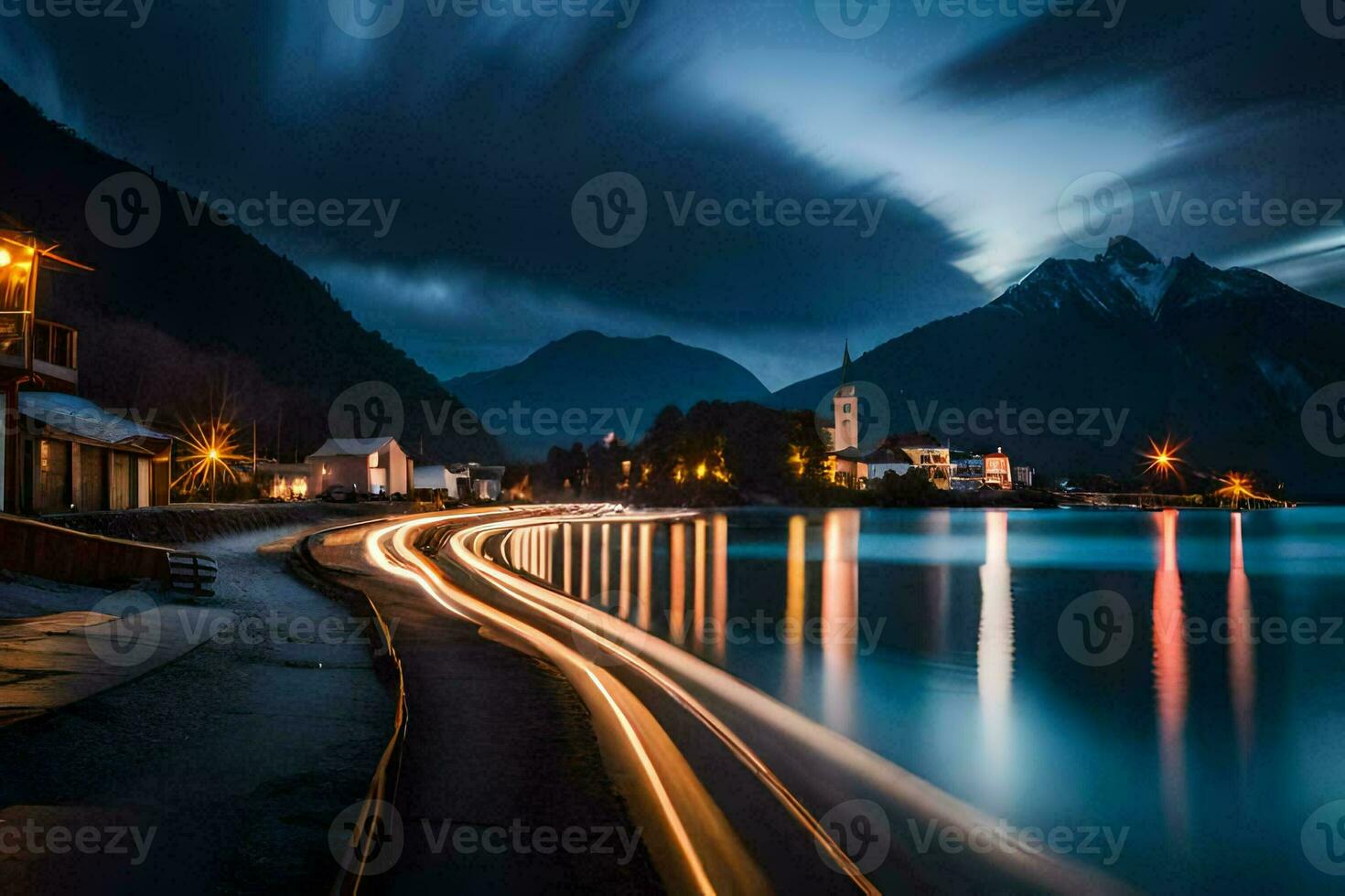 une longue exposition photographier de une Lac et Montagne à nuit. généré par ai photo