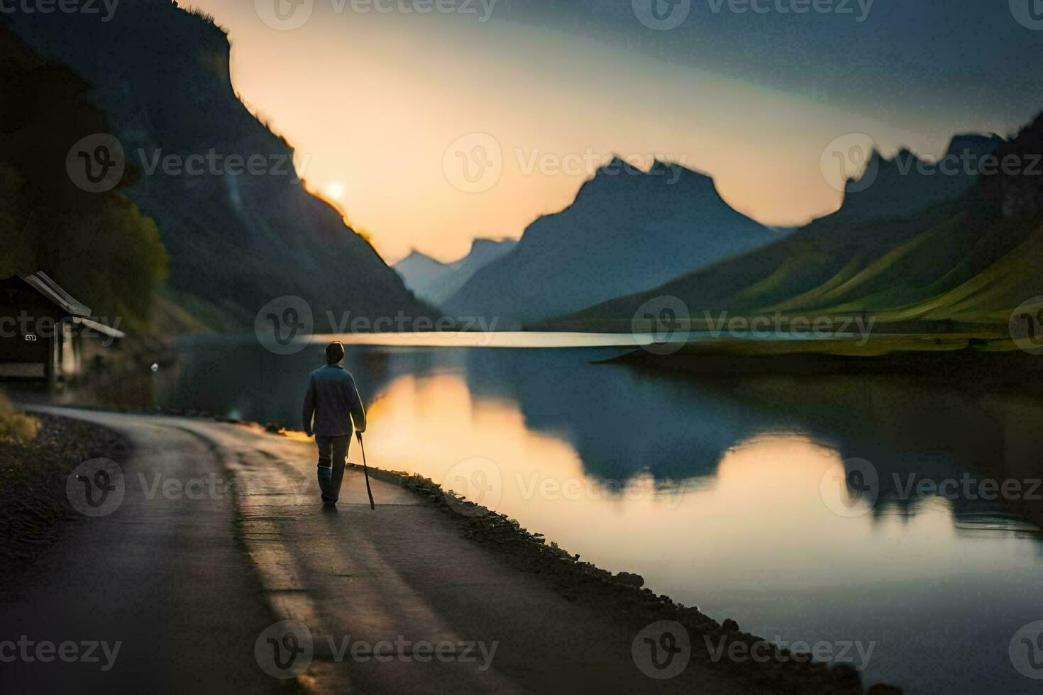 une homme des promenades vers le bas une route dans de face de une lac. généré par ai photo