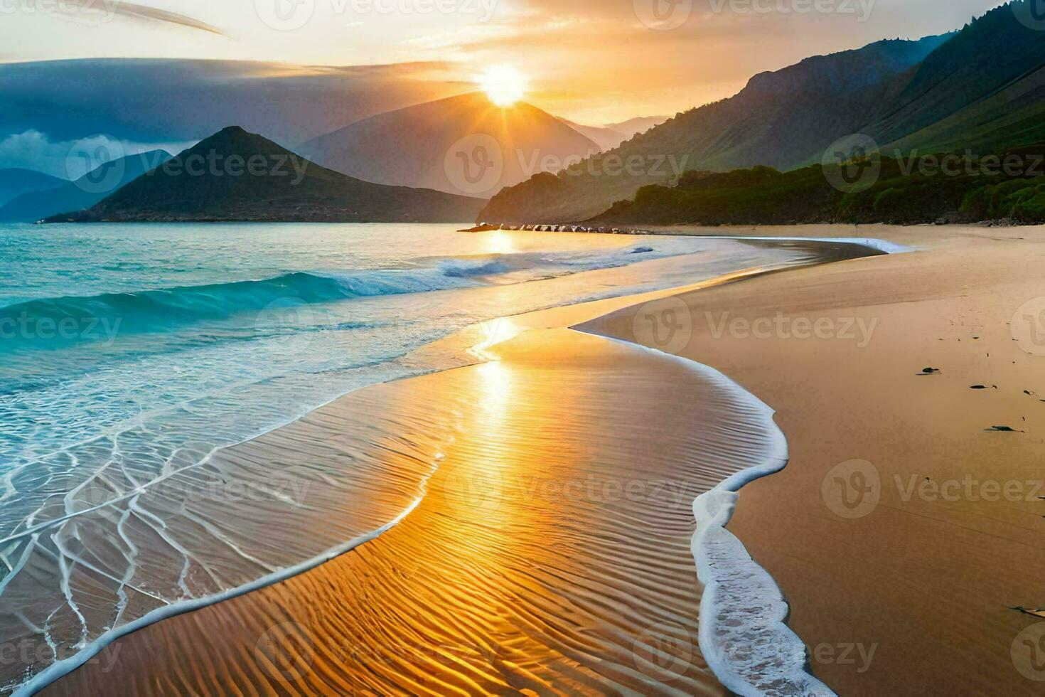 le Soleil ensembles sur le plage dans le Contexte. généré par ai photo