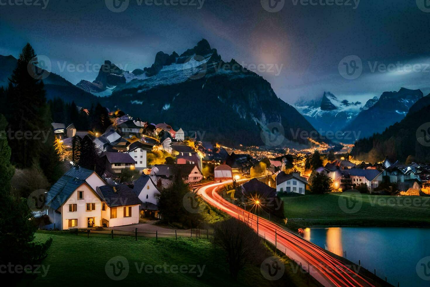 une ville dans le montagnes à nuit. généré par ai photo